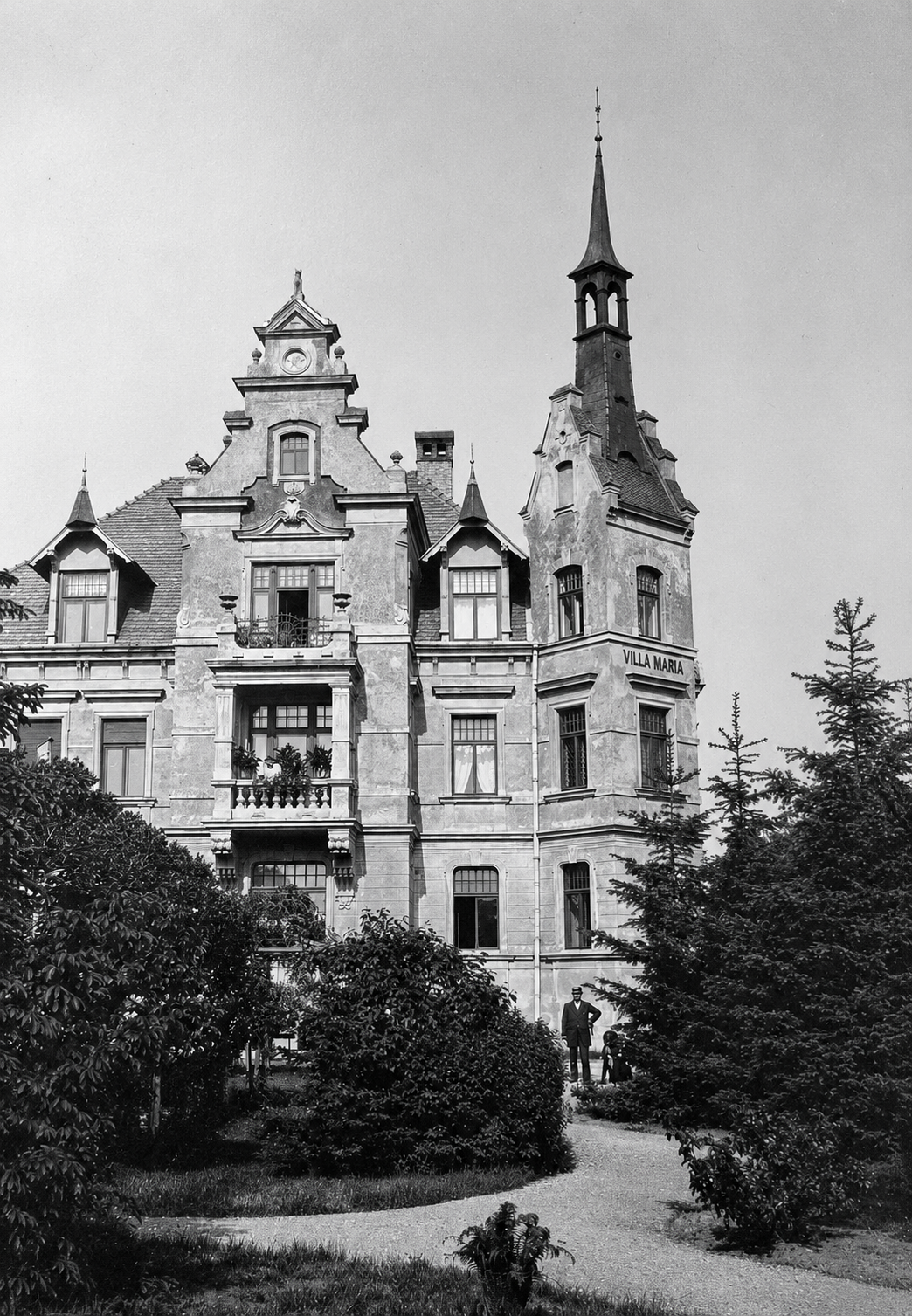 Villa Maria corner tower elevation with spire and landscaped garden